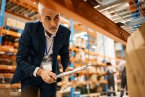Mature warehouse manager checking stock of packages at storage compartment.